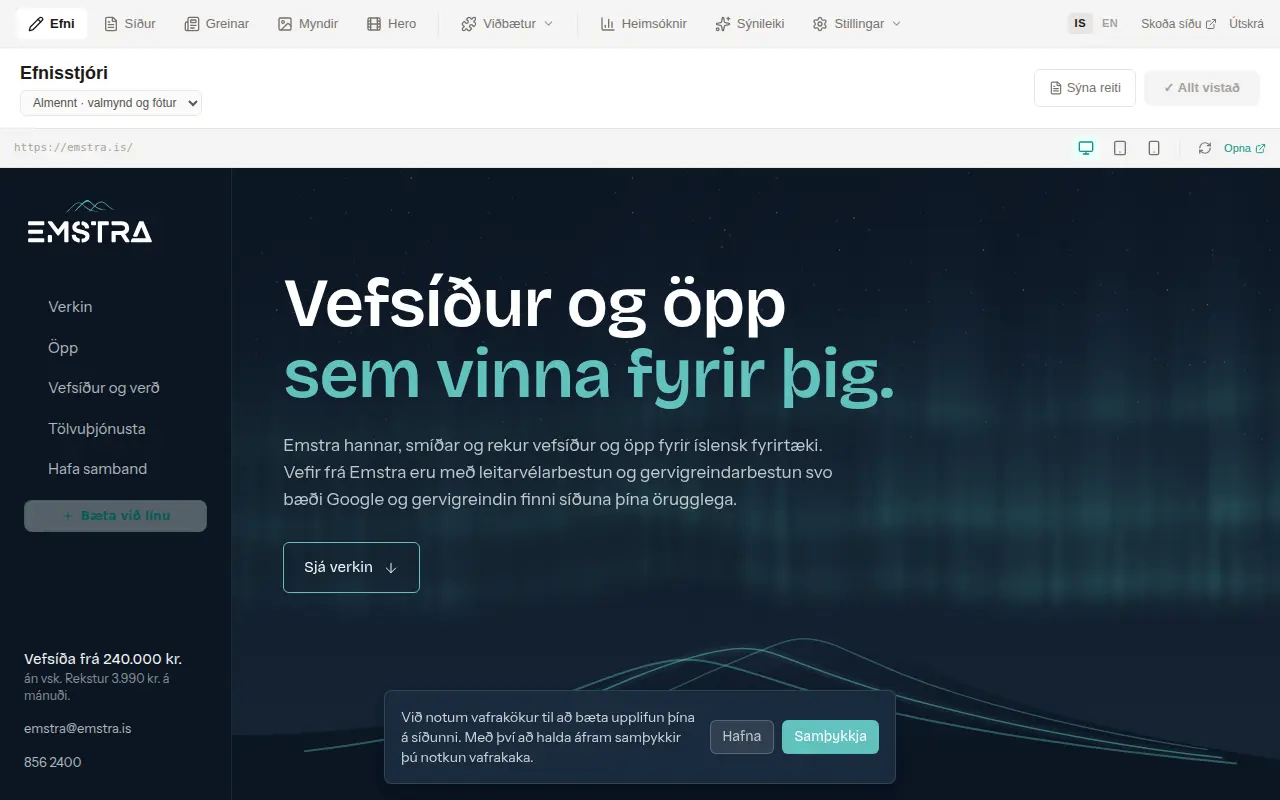 Efnisstjórinn með lifandi forskoðun. Þú sérð vefinn breytast um leið og þú vistar.